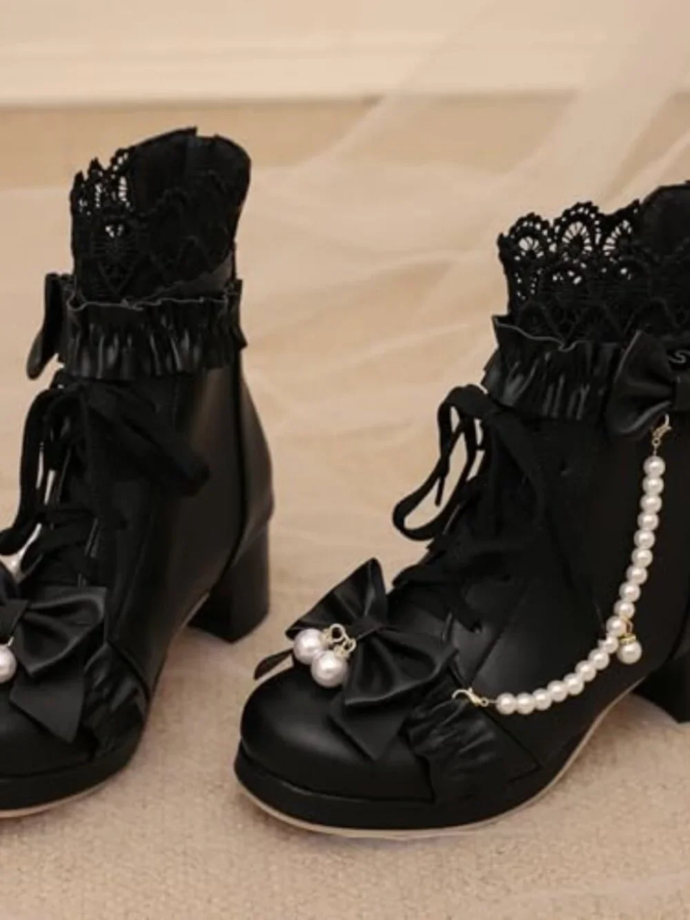 Chunky Mid Heel Ankle Boots Bow Platform Lace Up Booties with Pearl